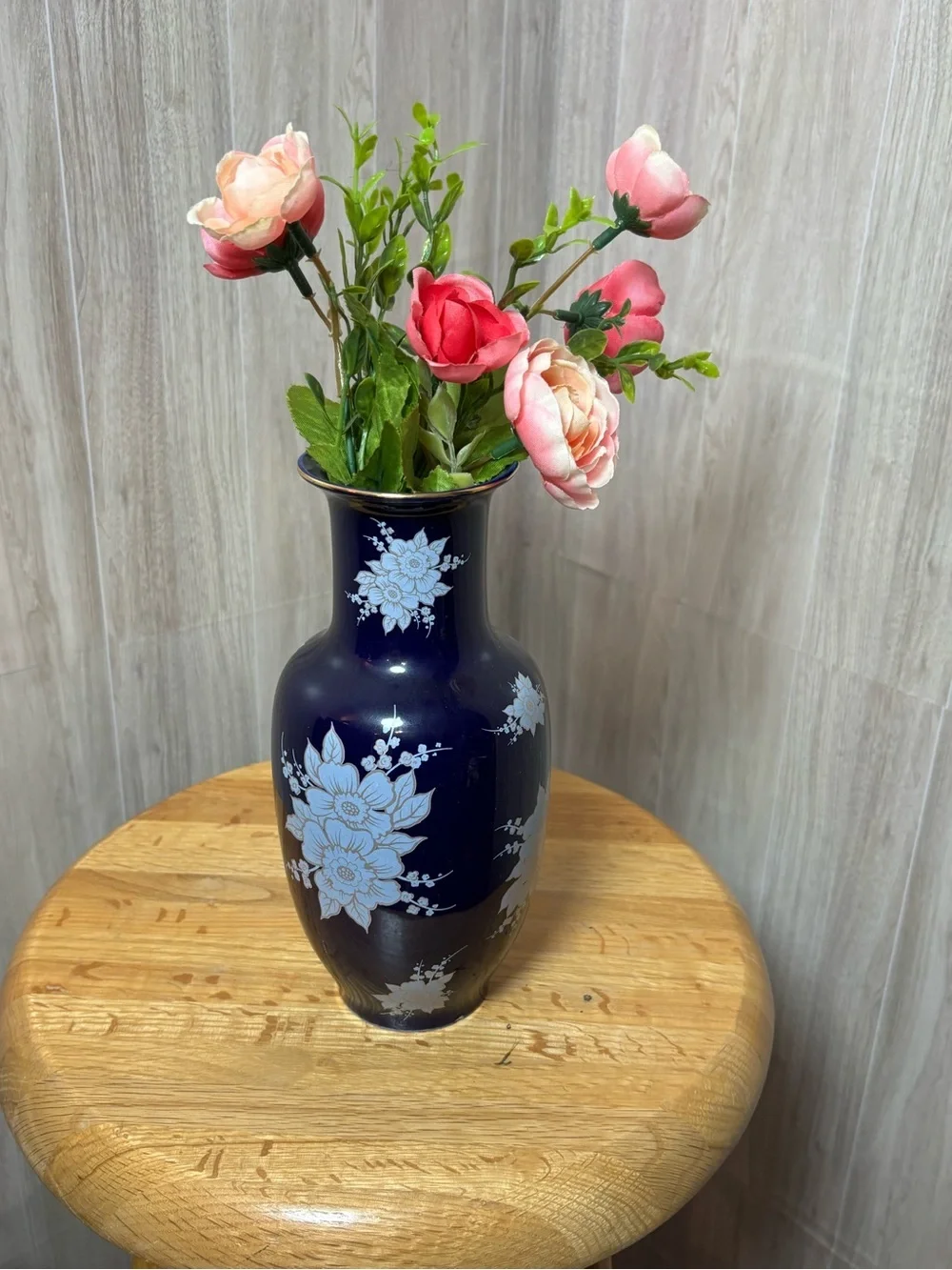Cobalt Blue Porcelain Vase with Light Blue Floral Enamel and Gold Rim Detail